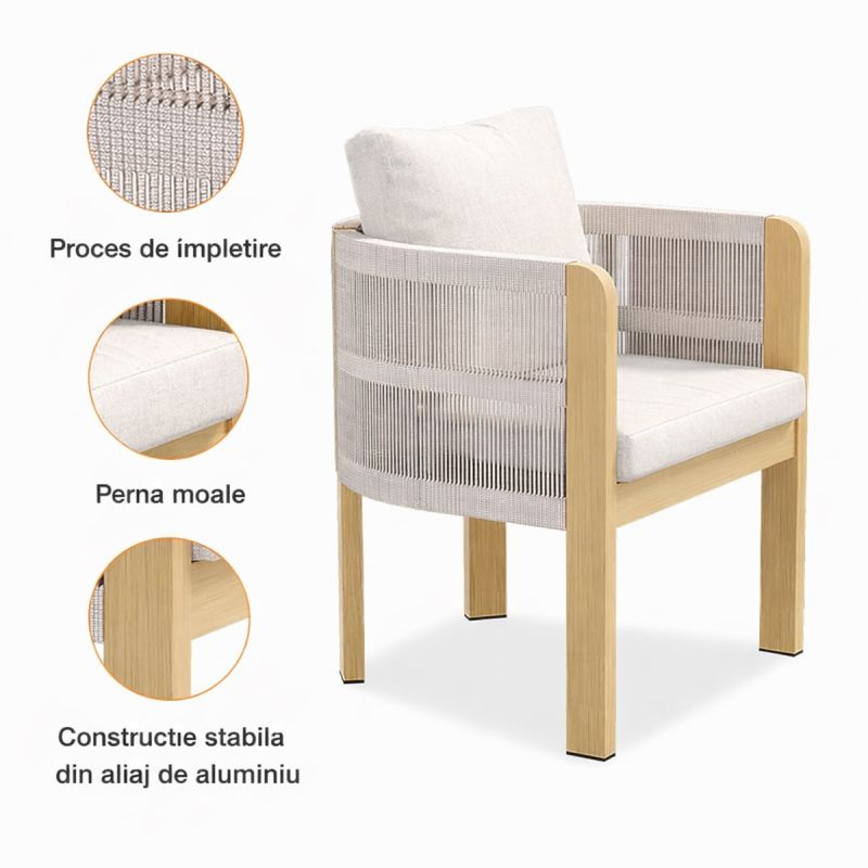 Set mobilier, 6 scaune, masa extensibila, terasa sau gradina, aluminiu si impletitura tip funie, perne incluse, Riviera