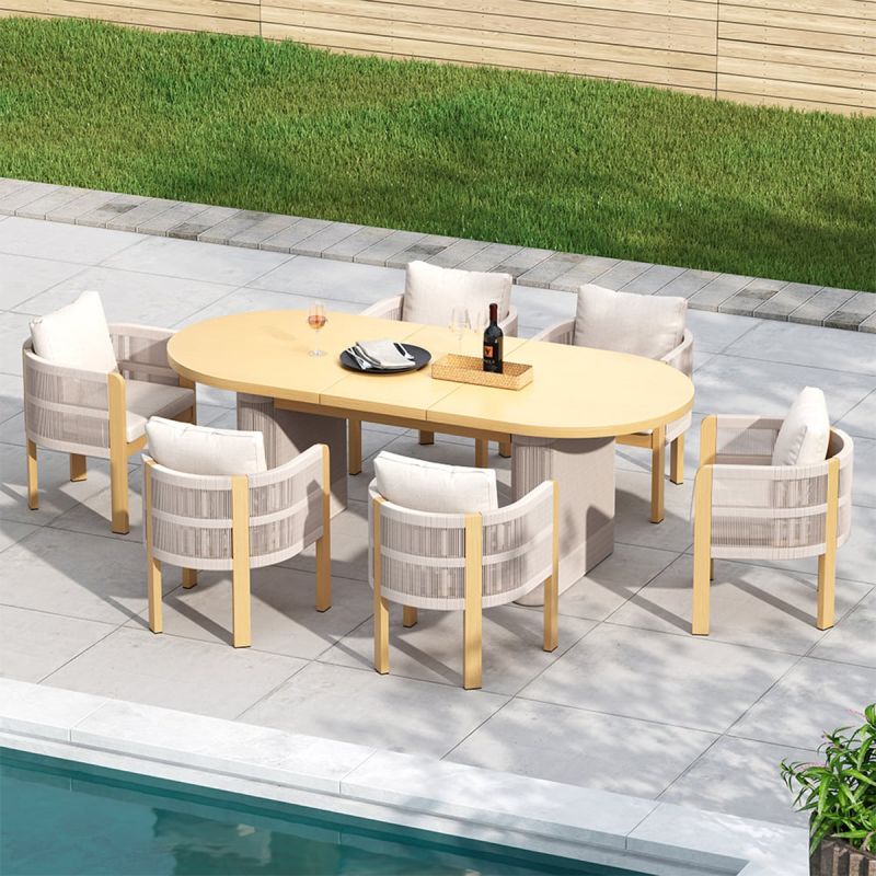 Set mobilier, 6 scaune, masa extensibila, terasa sau gradina, aluminiu si impletitura tip funie, perne incluse, Riviera