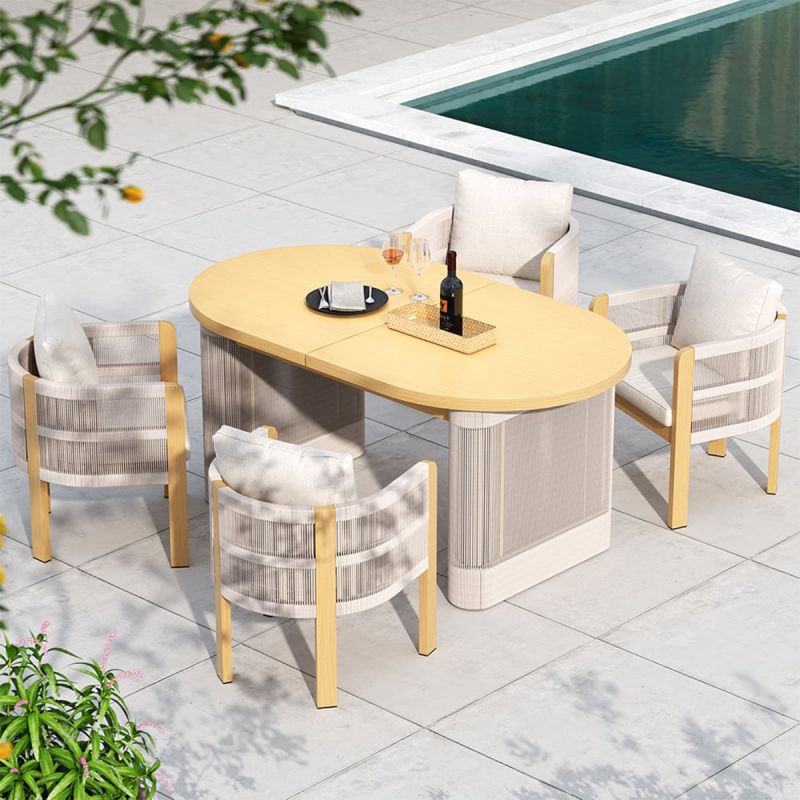 Set mobilier, 6 scaune, masa extensibila, terasa sau gradina, aluminiu si impletitura tip funie, perne incluse, Riviera