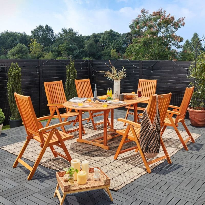 Set mobilier, 6 scaune pliabile, Eucalipt certificat FSC®, suport umbrela, Maro, 200x100x74, Houston