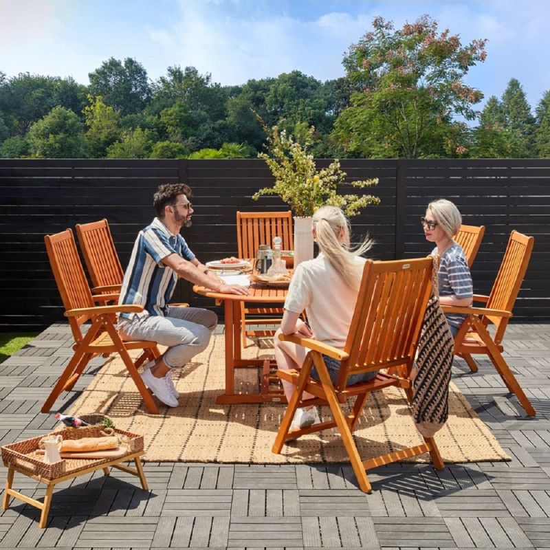 Set mobilier, 6 scaune pliabile, Eucalipt certificat FSC®, suport umbrela, Maro, 200x100x74, Houston