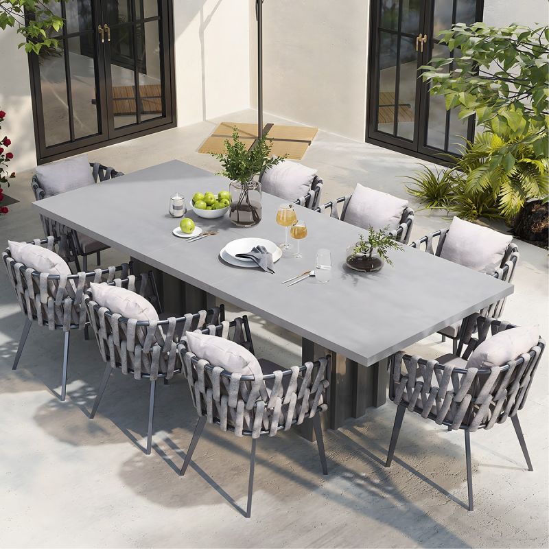 Set mobilier, 8 scaune, masa extensibila, terasa sau gradina, aluminiu si impletitura tip funie, Riga