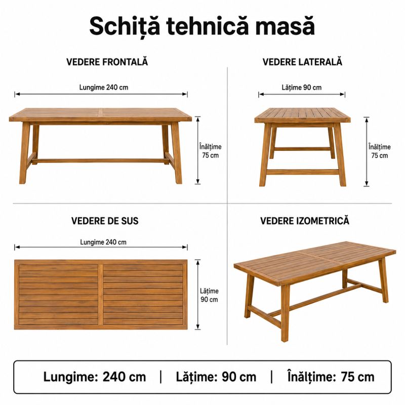 Set mobilier, 8 scaune, terasa, gradina, masa, cadru aluminiu poliratan, lemn masiv de Tec, Tess
