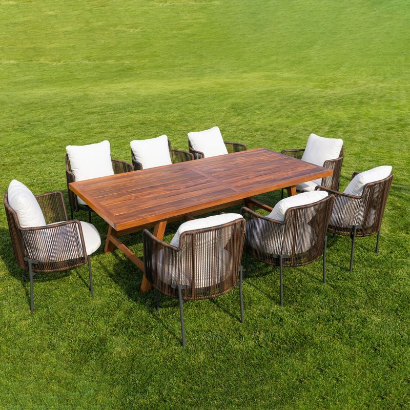 Set mobilier, 8 scaune, terasa, gradina, masa, cadru aluminiu poliratan, lemn masiv de Tec, Tess