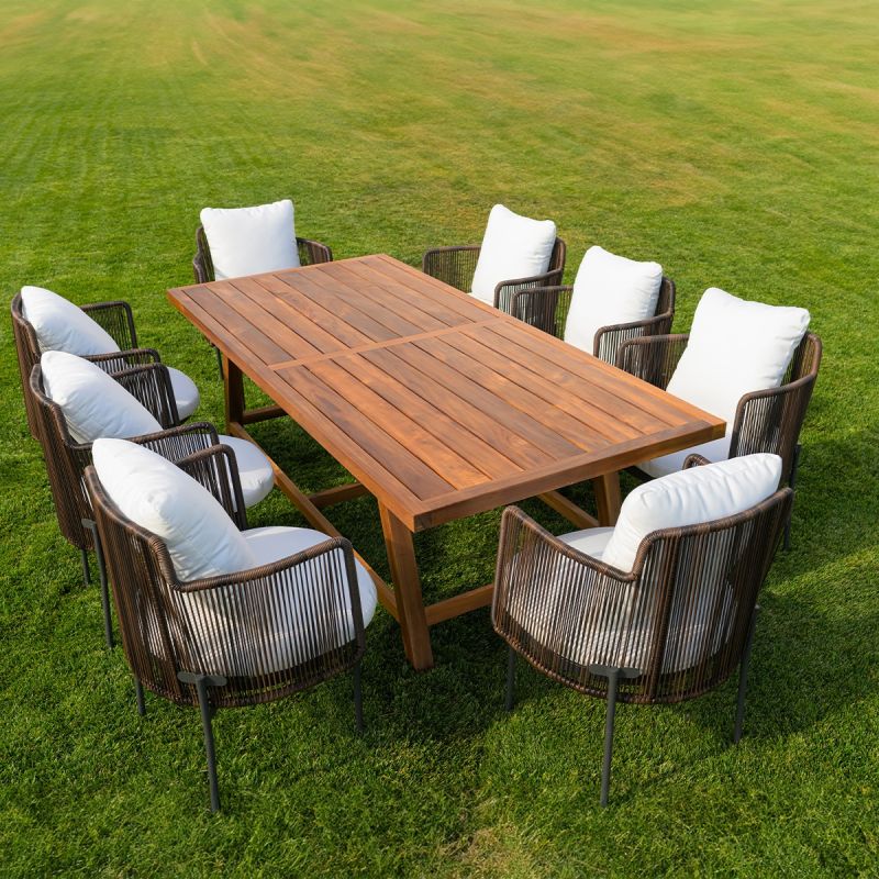 Set mobilier, 8 scaune, terasa, gradina, masa, cadru aluminiu poliratan, lemn masiv de Tec, Tess