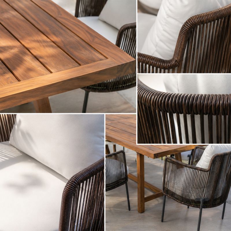 Set mobilier, 8 scaune, terasa, gradina, masa, cadru aluminiu poliratan, lemn masiv de Tec, Tess