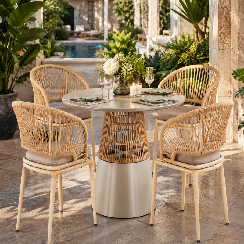 Set mobilier, cadru aluminiu si impletitura de poliratan, terasa, gradina, masa, 4 scaune,  June