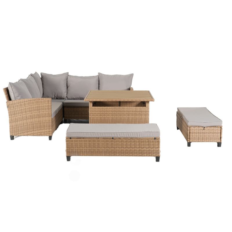 Set mobilier, canapea, 2 bancute si masa patrata terasa sau gradina, poliratan, Santorini