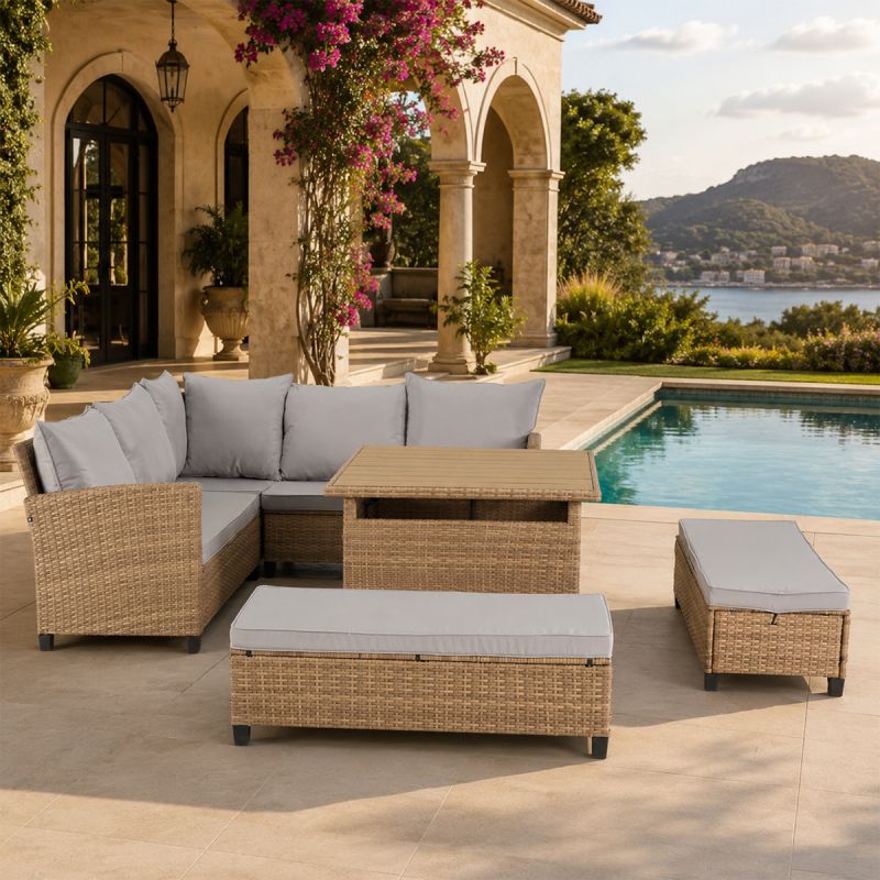 Set mobilier, canapea, 2 bancute si masa patrata terasa sau gradina, poliratan, Santorini