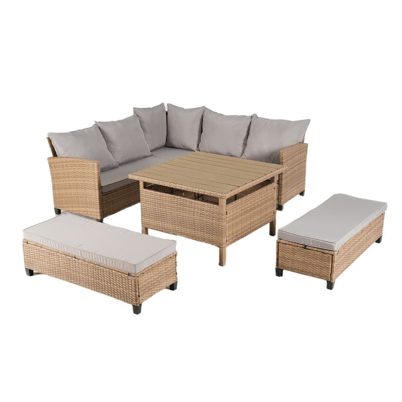 Set mobilier, canapea, 2 bancute si masa patrata terasa sau gradina, poliratan, Santorini