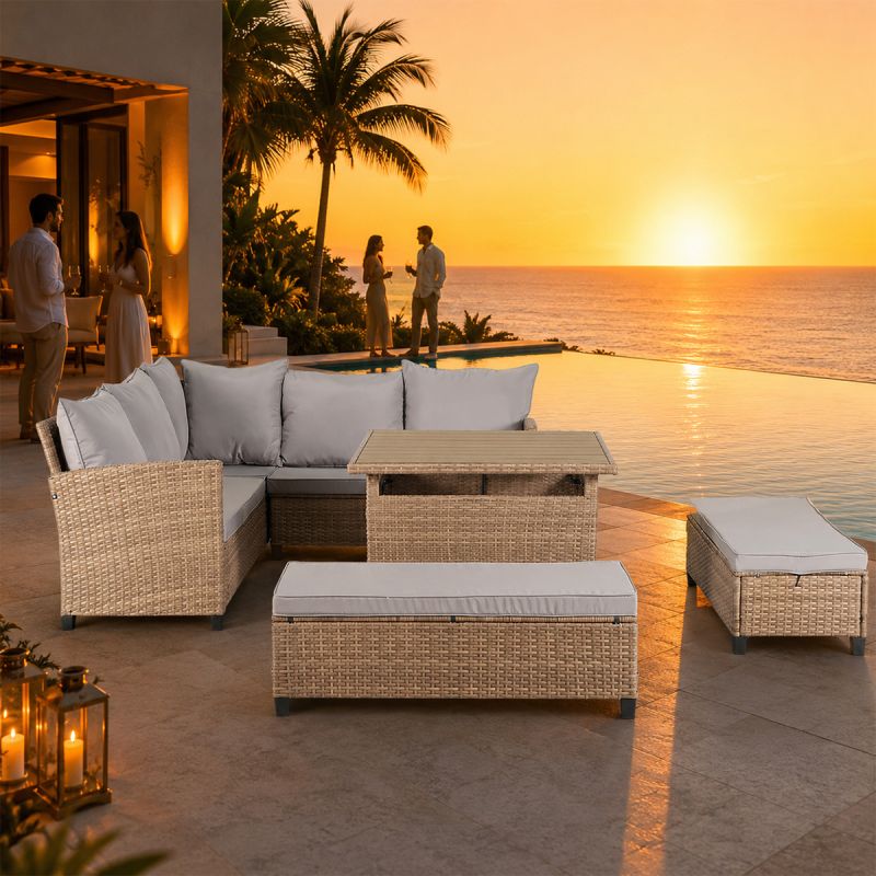 Set mobilier, canapea, 2 bancute si masa patrata terasa sau gradina, poliratan, Santorini