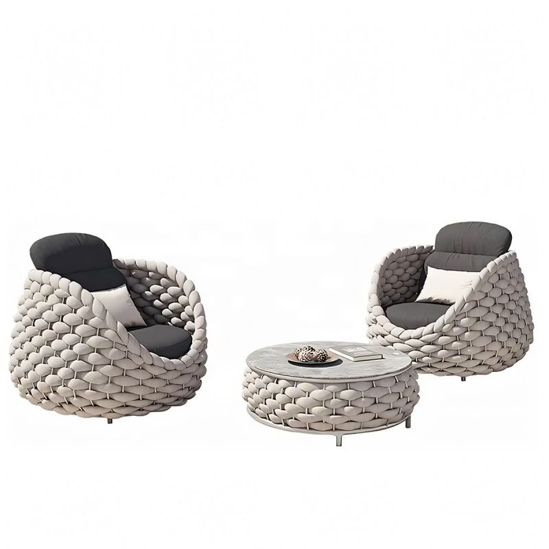 Set mobilier, canapea, fotolii, masuta, terasa sau gradina, Crem, aluminiu, impletitura tip funie, Dylan
