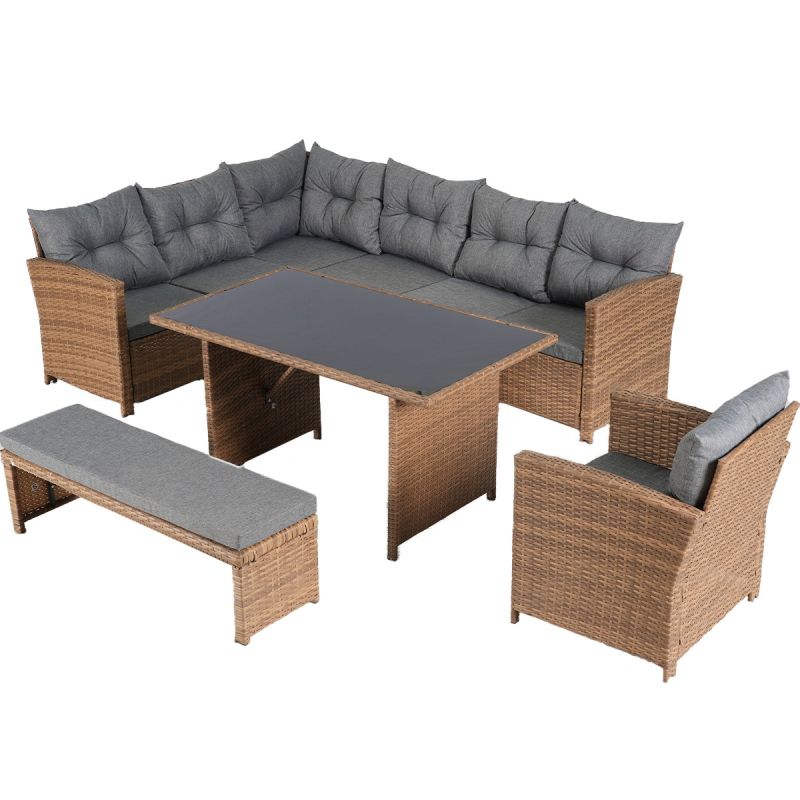 Set mobilier, canapea, fotoliu, banca + masa cu blat de sticla, terasa sau gradina, perne incluse, poliratan, Bali