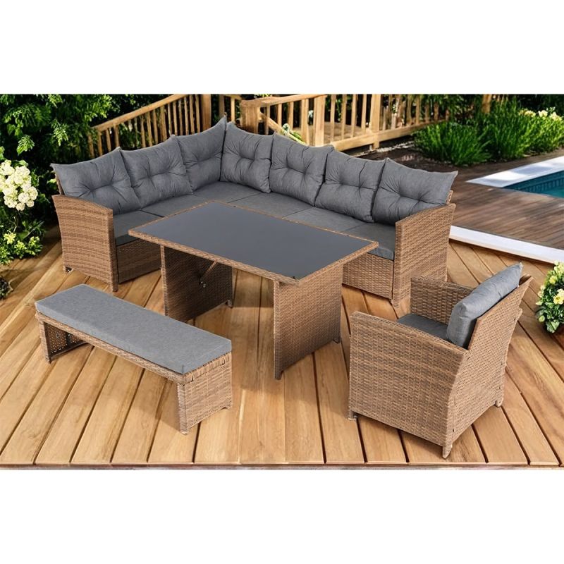 Set mobilier, canapea, fotoliu, banca + masa cu blat de sticla, terasa sau gradina, perne incluse, poliratan, Bali