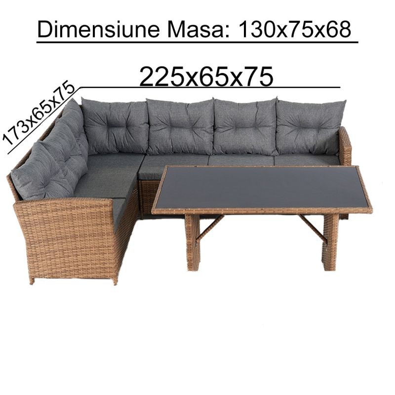 Set mobilier, canapea, fotoliu, banca + masa cu blat de sticla, terasa sau gradina, perne incluse, poliratan, Bali