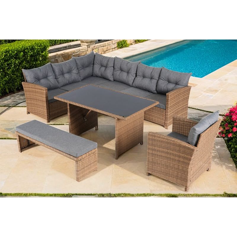 Set mobilier, canapea, fotoliu, banca + masa cu blat de sticla, terasa sau gradina, perne incluse, poliratan, Bali