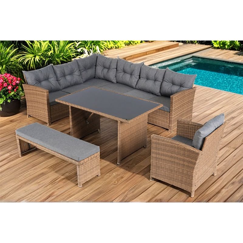 Set mobilier, canapea, fotoliu, banca + masa cu blat de sticla, terasa sau gradina, perne incluse, poliratan, Bali