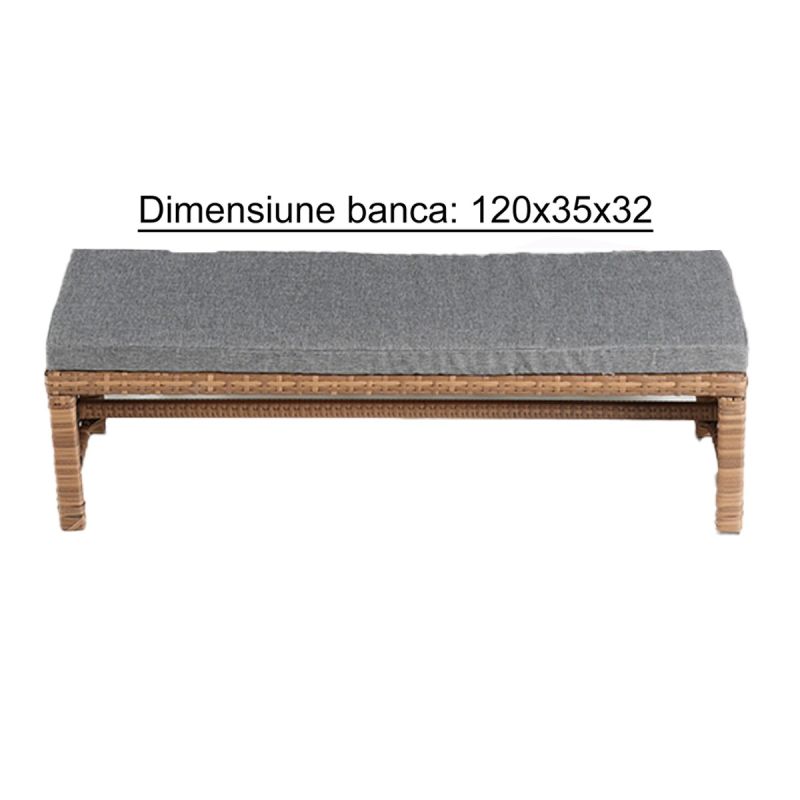 Set mobilier, canapea, fotoliu, banca + masa cu blat de sticla, terasa sau gradina, perne incluse, poliratan, Bali