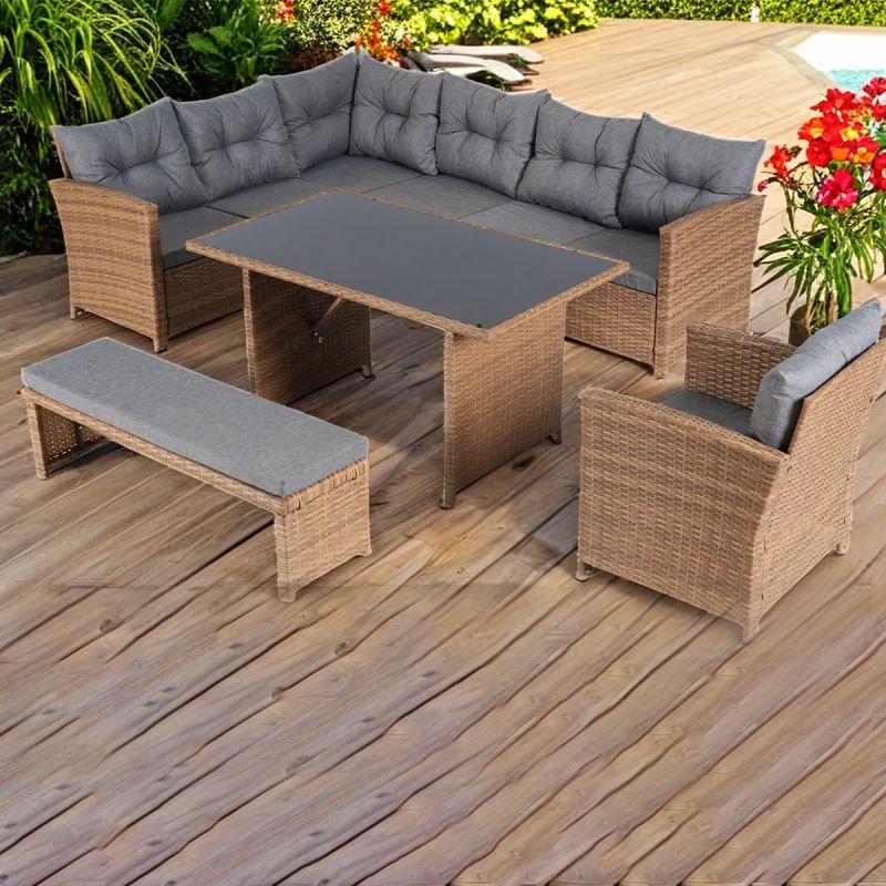 Set mobilier, canapea, fotoliu, banca + masa cu blat de sticla, terasa sau gradina, perne incluse, poliratan, Bali