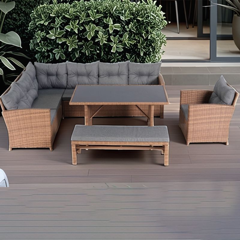 Set mobilier, canapea, fotoliu, banca + masa cu blat de sticla, terasa sau gradina, perne incluse, poliratan, Bali
