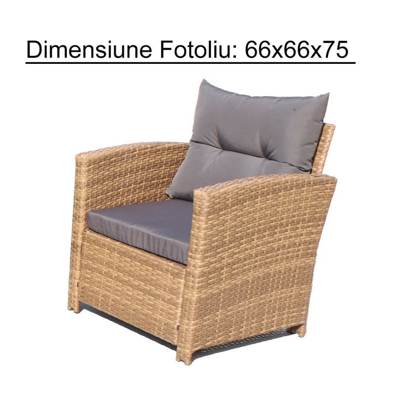 Set mobilier, canapea, fotoliu, banca + masa cu blat de sticla, terasa sau gradina, perne incluse, poliratan, Bali