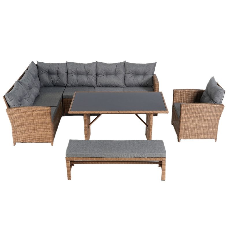 Set mobilier, canapea, fotoliu, banca + masa cu blat de sticla, terasa sau gradina, perne incluse, poliratan, Bali