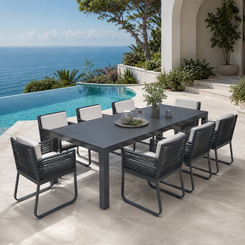 Set mobilier de 8 persoane, masa 240x100 cm + 8 scaune, gradina sau terasa, aluminiu, impletitura tip funie, Capri