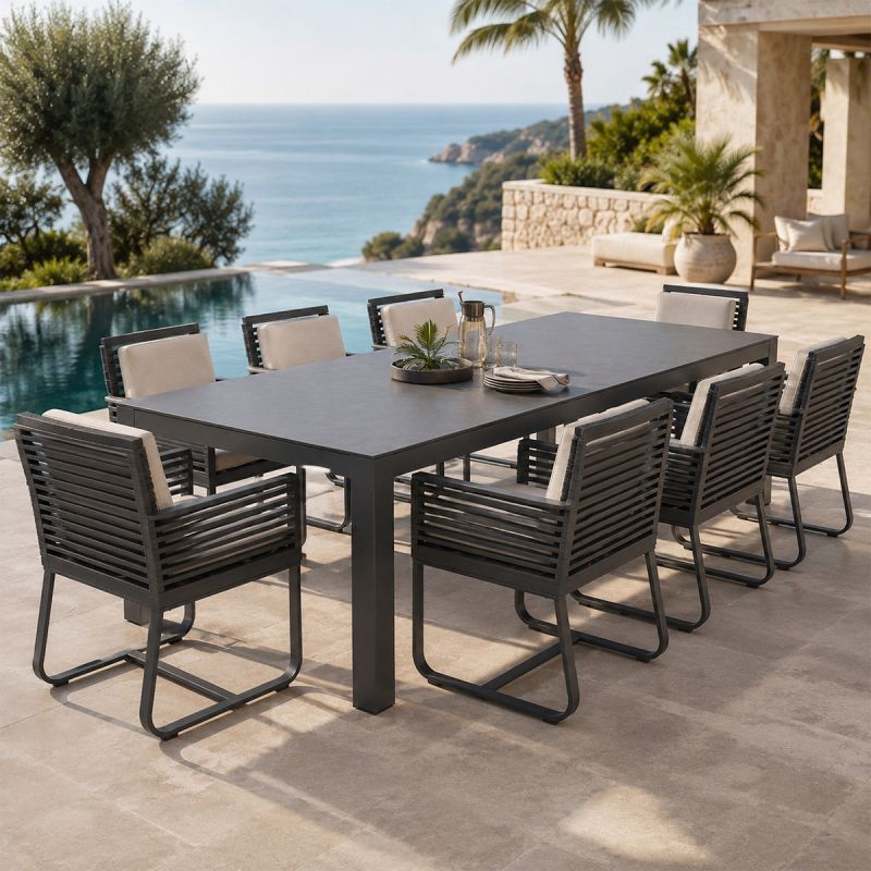 Set mobilier de 8 persoane, masa 240x100 cm + 8 scaune, gradina sau terasa, aluminiu, impletitura tip funie, Capri