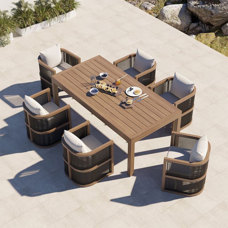 Set mobilier, masa 150 cm + 6 scaune, lemn de Tec, terasa sau gradina, impletitura tip funie, perne incluse, Gardenia