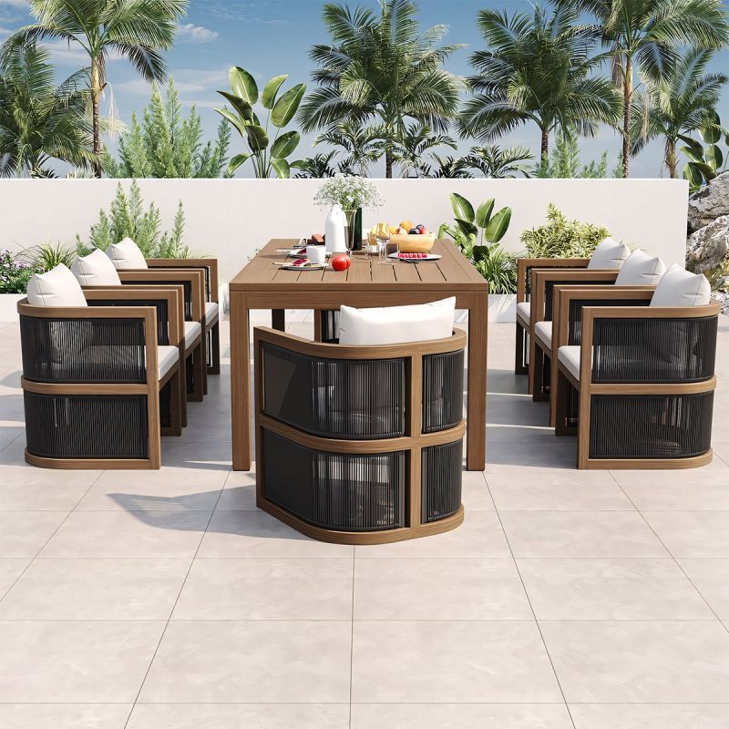 Set mobilier, masa 150 cm + 6 scaune, lemn de Tec, terasa sau gradina, impletitura tip funie, perne incluse, Gardenia