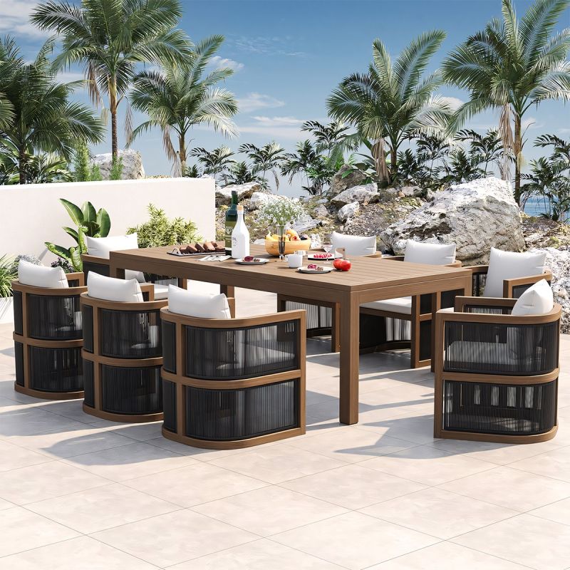 Set mobilier, masa 150 cm + 6 scaune, lemn de Tec, terasa sau gradina, impletitura tip funie, perne incluse, Gardenia