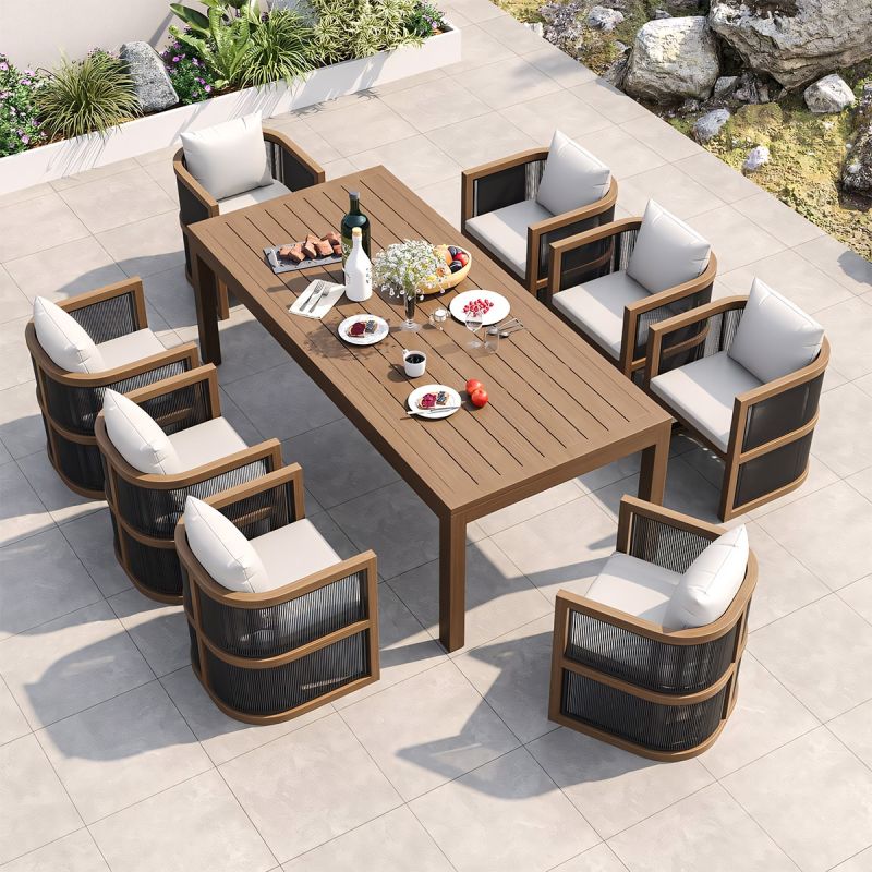 Set mobilier, masa 150 cm + 6 scaune, lemn de Tec, terasa sau gradina, impletitura tip funie, perne incluse, Gardenia