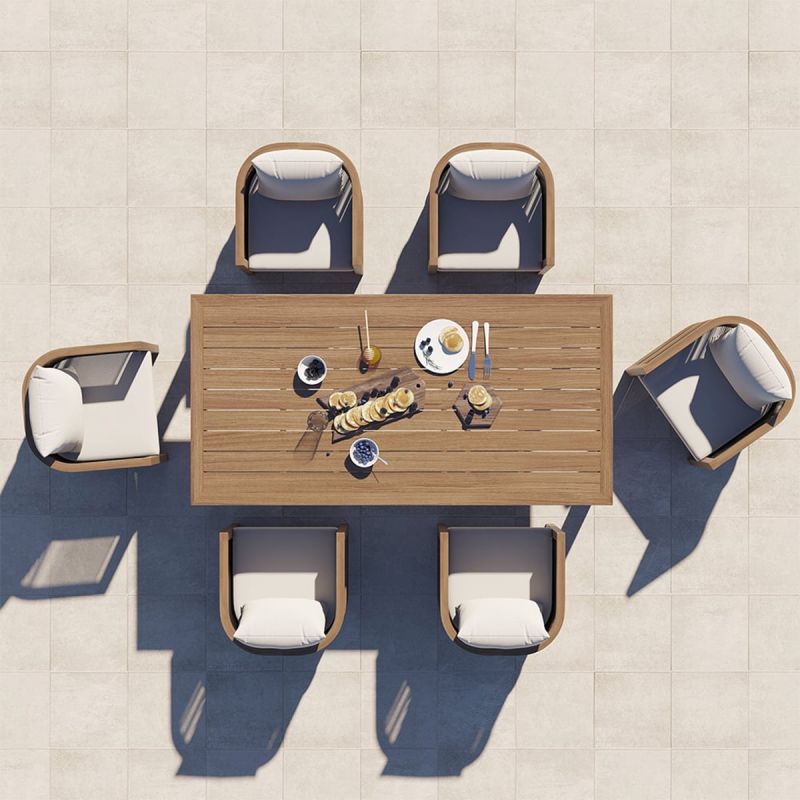 Set mobilier, masa 150 cm + 6 scaune, lemn de Tec, terasa sau gradina, impletitura tip funie, perne incluse, Gardenia