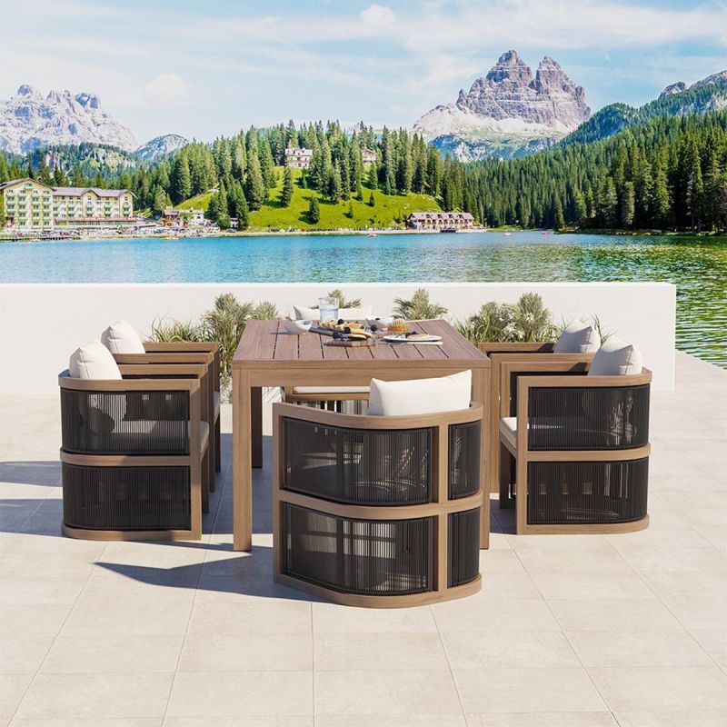 Set mobilier, masa 150 cm + 6 scaune, lemn de Tec, terasa sau gradina, impletitura tip funie, perne incluse, Gardenia