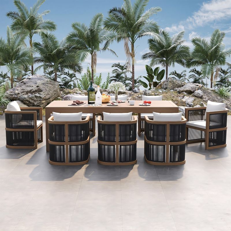 Set mobilier, masa 150 cm + 6 scaune, lemn de Tec, terasa sau gradina, impletitura tip funie, perne incluse, Gardenia