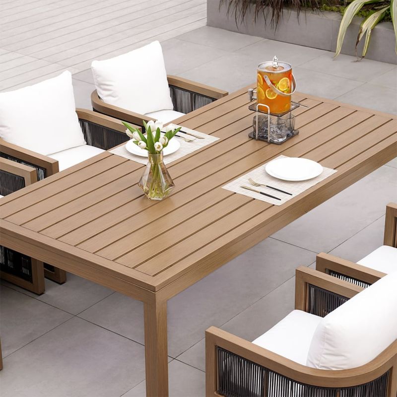 Set mobilier, masa 150 cm + 6 scaune, lemn de Tec, terasa sau gradina, impletitura tip funie, perne incluse, Gardenia