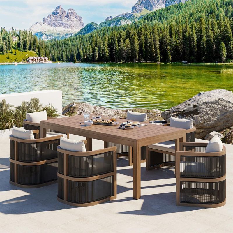 Set mobilier, masa 150 cm + 6 scaune, lemn de Tec, terasa sau gradina, impletitura tip funie, perne incluse, Gardenia