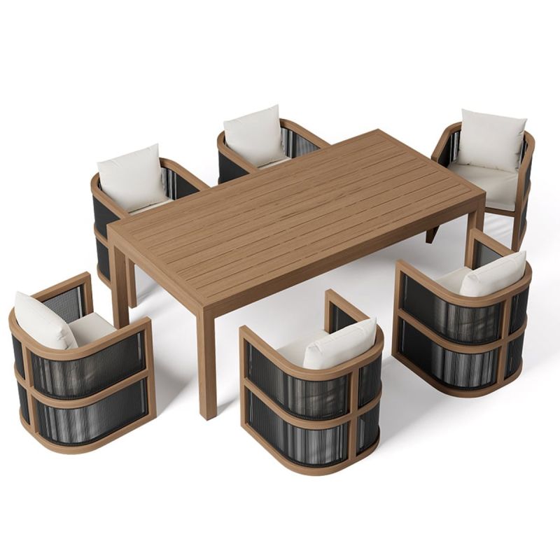 Set mobilier, masa 150 cm + 6 scaune, lemn de Tec, terasa sau gradina, impletitura tip funie, perne incluse, Gardenia