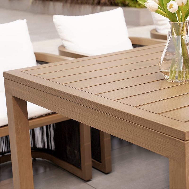 Set mobilier, masa 150 cm + 6 scaune, lemn de Tec, terasa sau gradina, impletitura tip funie, perne incluse, Gardenia