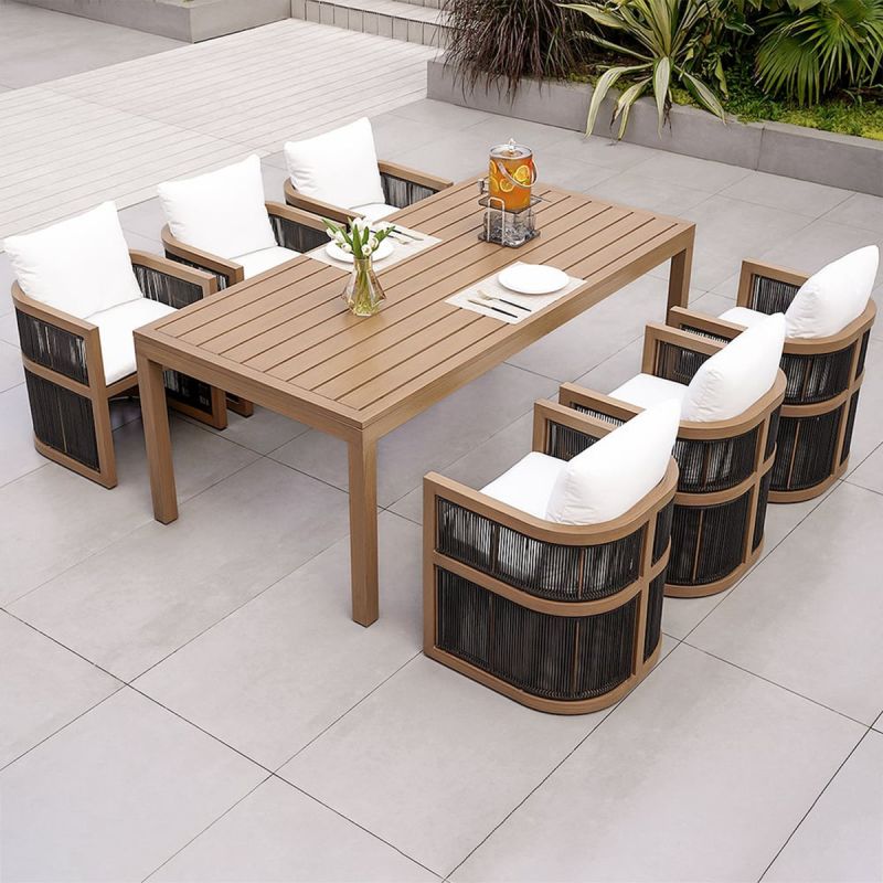 Set mobilier, masa 150 cm + 6 scaune, lemn de Tec, terasa sau gradina, impletitura tip funie, perne incluse, Gardenia