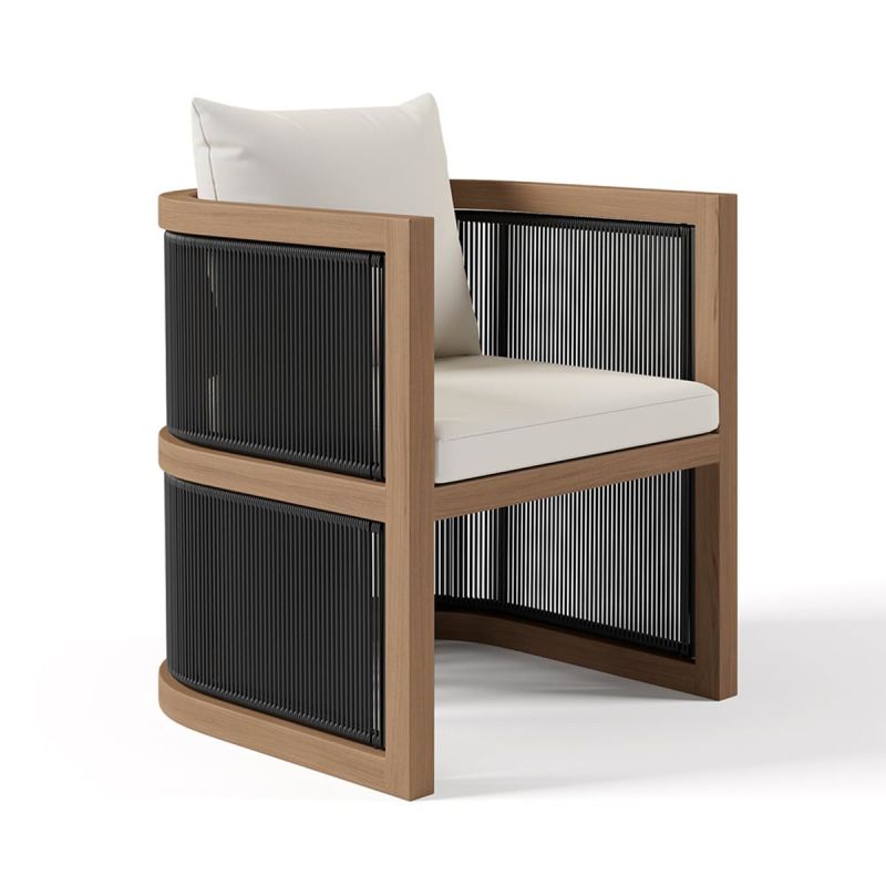 Set mobilier, masa 150 cm + 6 scaune, lemn de Tec, terasa sau gradina, impletitura tip funie, perne incluse, Gardenia