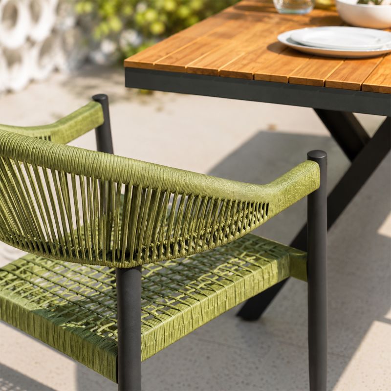 Set mobilier, masa 200 cm + 6 scaune cu impletitura tip funie verde, gradina sau terasa, aluminiu dark grey, Zen