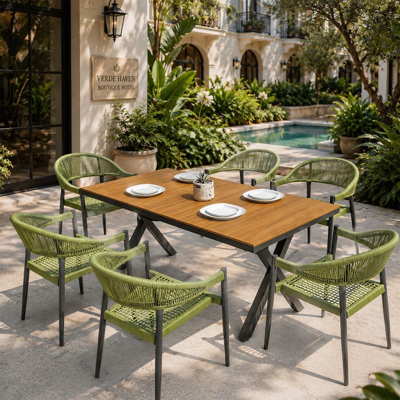 Set mobilier, masa 200 cm + 6 scaune cu impletitura tip funie verde, gradina sau terasa, aluminiu dark grey, Zen