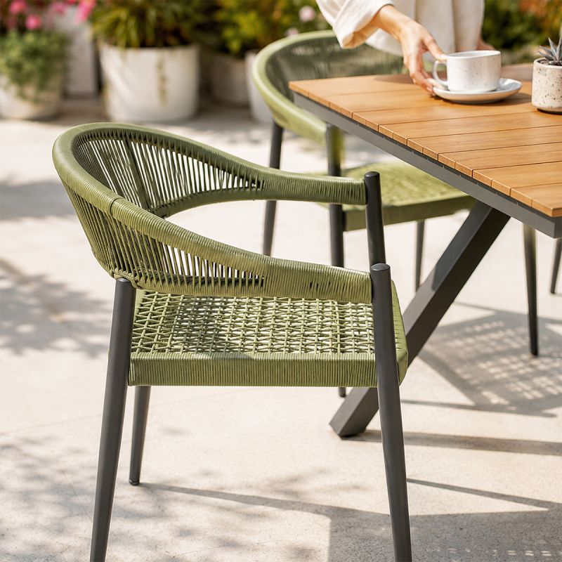 Set mobilier, masa 200 cm + 6 scaune cu impletitura tip funie verde, gradina sau terasa, aluminiu dark grey, Zen