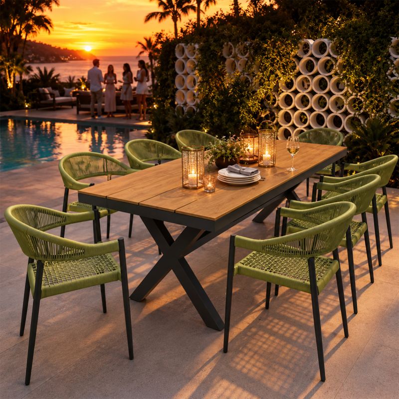 Set mobilier, masa 200 cm + 8 scaune cu impletitura tip funie verde, gradina sau terasa, aluminiu dark grey, Zen