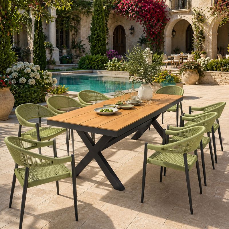 Set mobilier, masa 200 cm + 8 scaune cu impletitura tip funie verde, gradina sau terasa, aluminiu dark grey, Zen