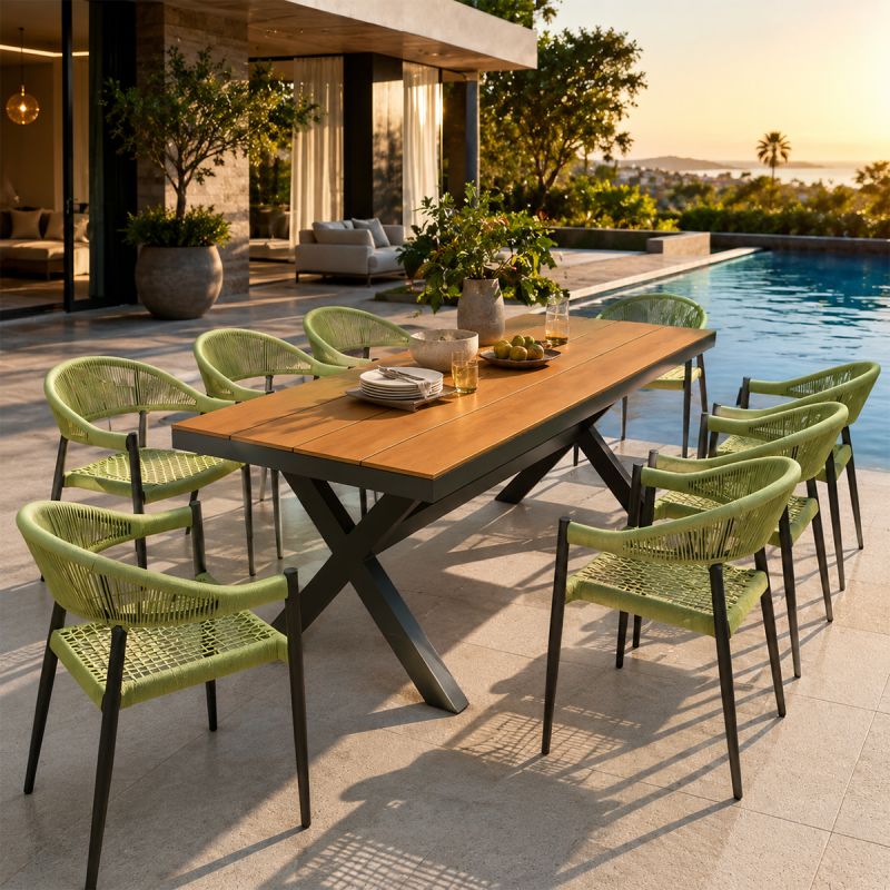 Set mobilier, masa 200 cm + 8 scaune cu impletitura tip funie verde, gradina sau terasa, aluminiu dark grey, Zen
