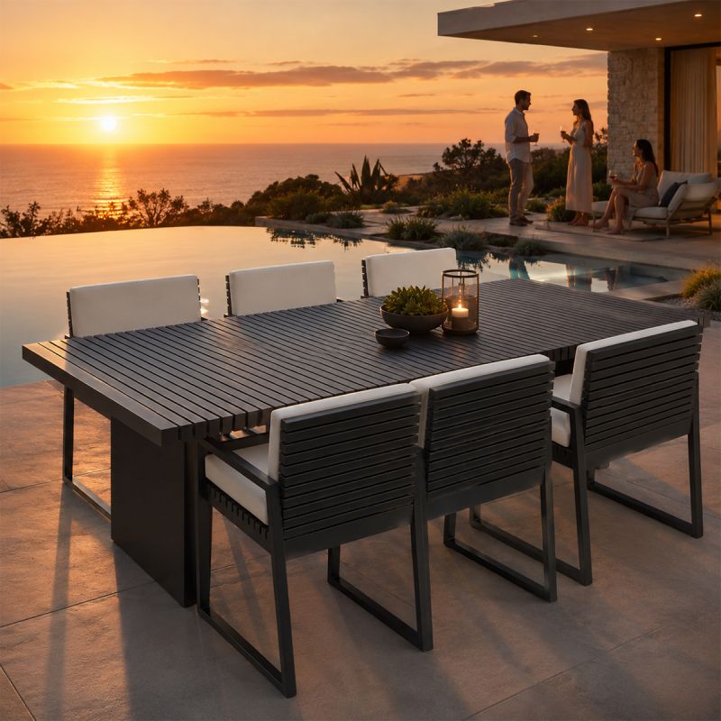 Set mobilier, masa 213x100 cm + 6 scaune, terasa sau gradina, aluminiu, tesatura 100% Olefin, Mykonos