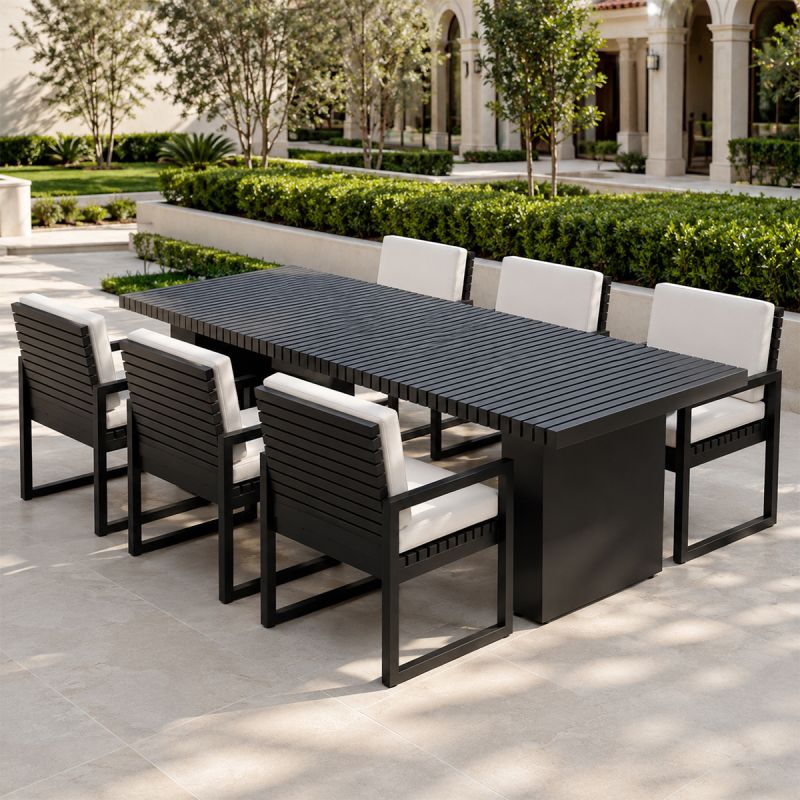 Set mobilier, masa 213x100 cm + 6 scaune, terasa sau gradina, aluminiu, tesatura 100% Olefin, Mykonos