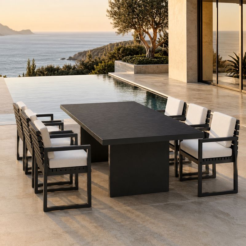 Set mobilier, masa 213x100 cm + 6 scaune, terasa sau gradina, aluminiu, tesatura 100% Olefin, Mykonos